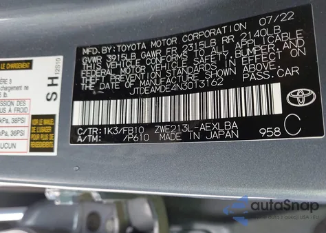 2022 Toyota Corolla Hybrid Le from USA, damaged, VIN JTDEAMDE4N3013162
